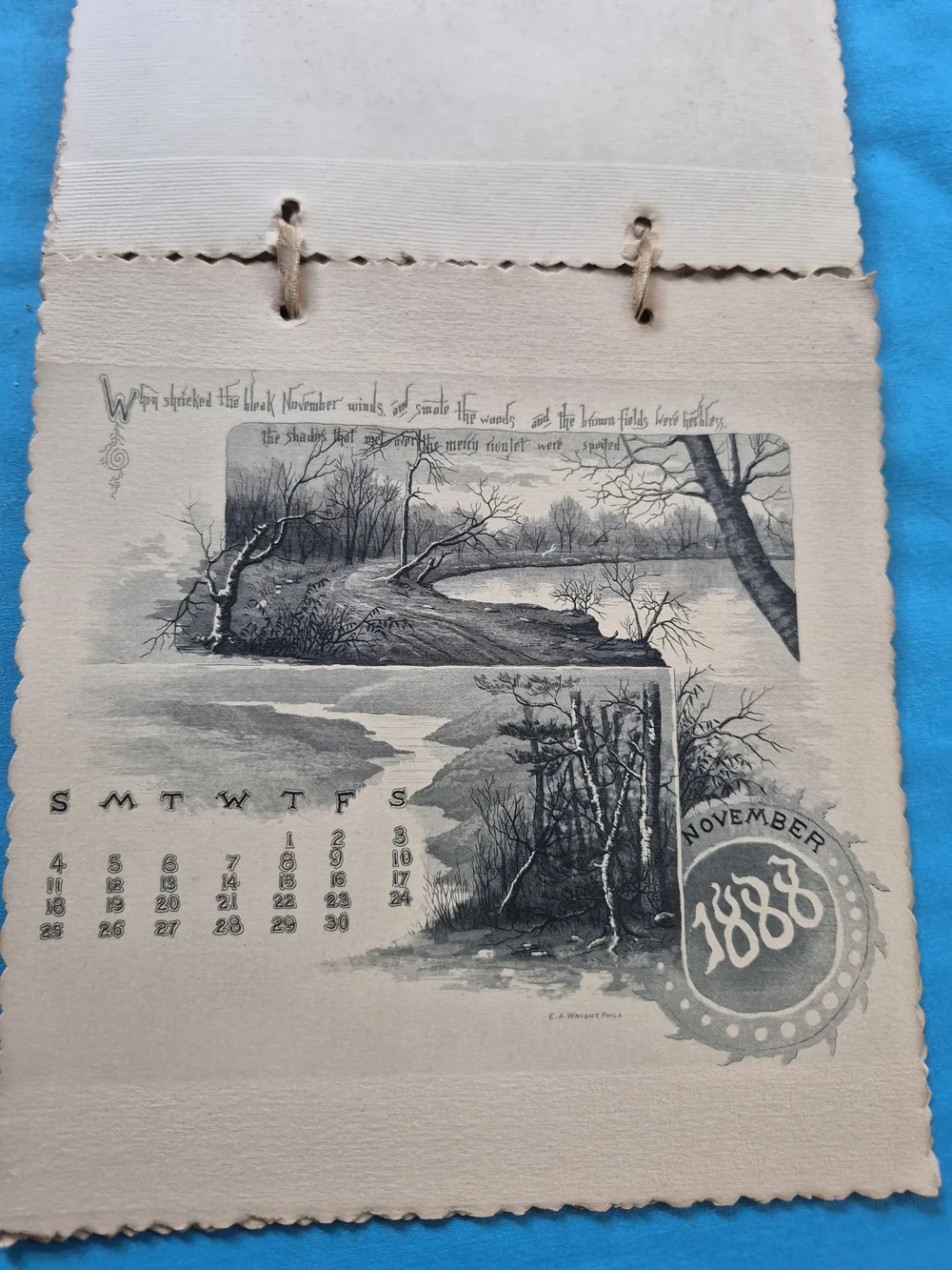 Antique 1888 Calendar 12 Pages Black & White E.A. Wright Philadelphia Engraver